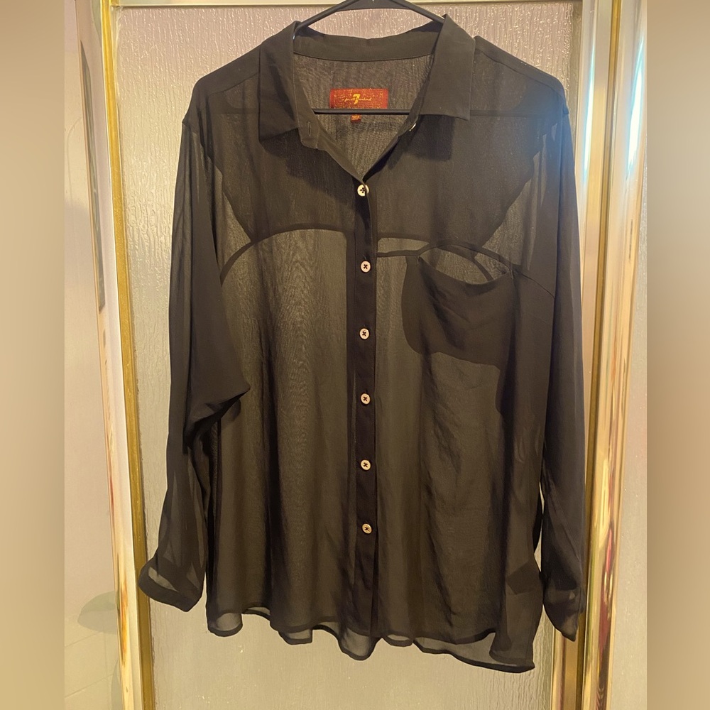 7 For All Mankind Sheer Black Button Up Blouse NWOT Size L